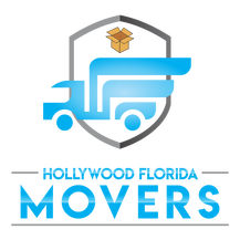 A logo of a movers and storage company with the complementing colors of white, silver, and blue.